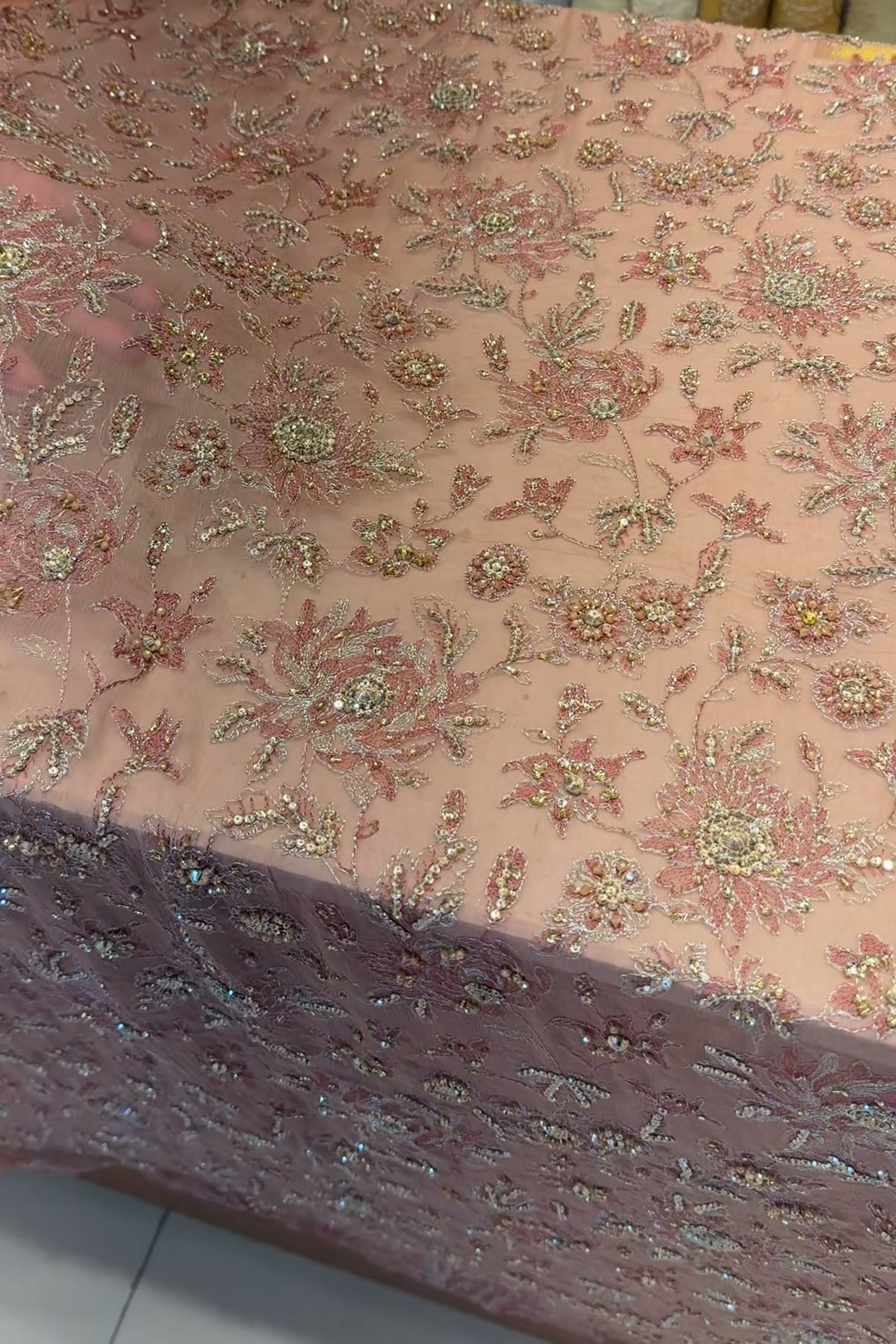Peach hand-embellished chiffon formal shirt with bead and sequin floral work