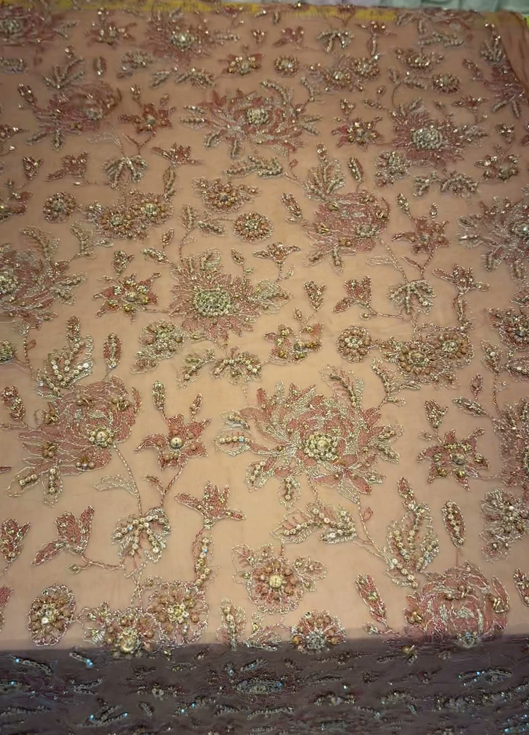 Peach chiffon dupatta with embroidered floral motifs