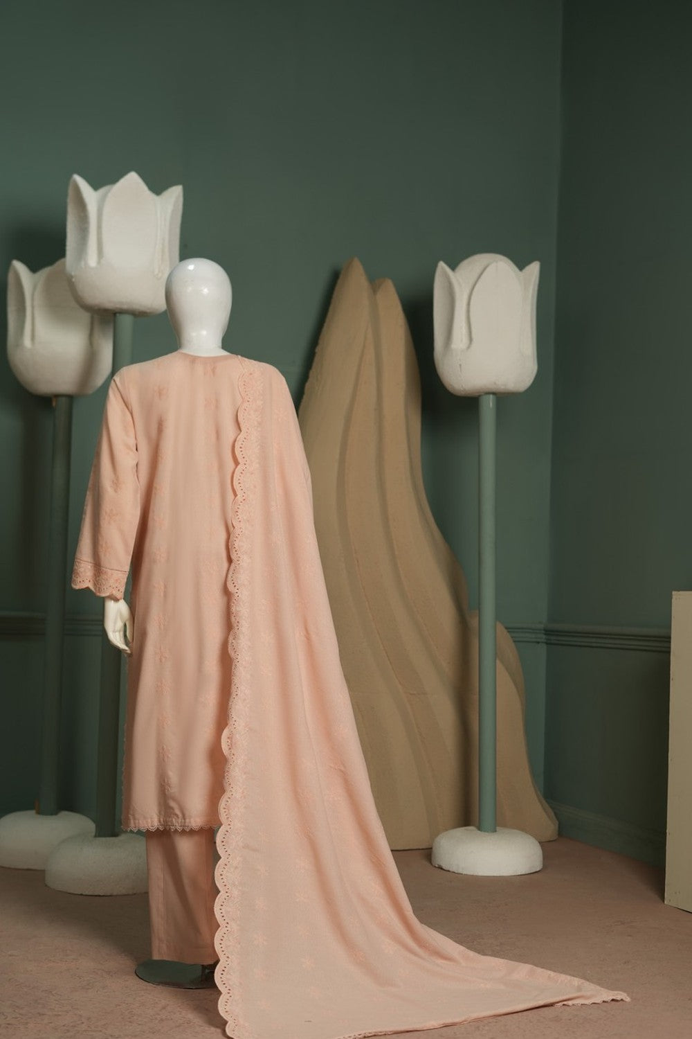 Peach Karandi Shawl Set - full 3-piece embroidered karandi shawl set
