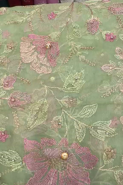 Pista green embroidered chiffon 2 piece — shirt and dupatta with stone and pearl handwork
