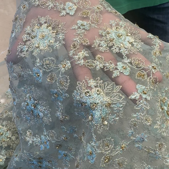 Fabareeze Steel Blue Applique Cutwork Hand Embellished