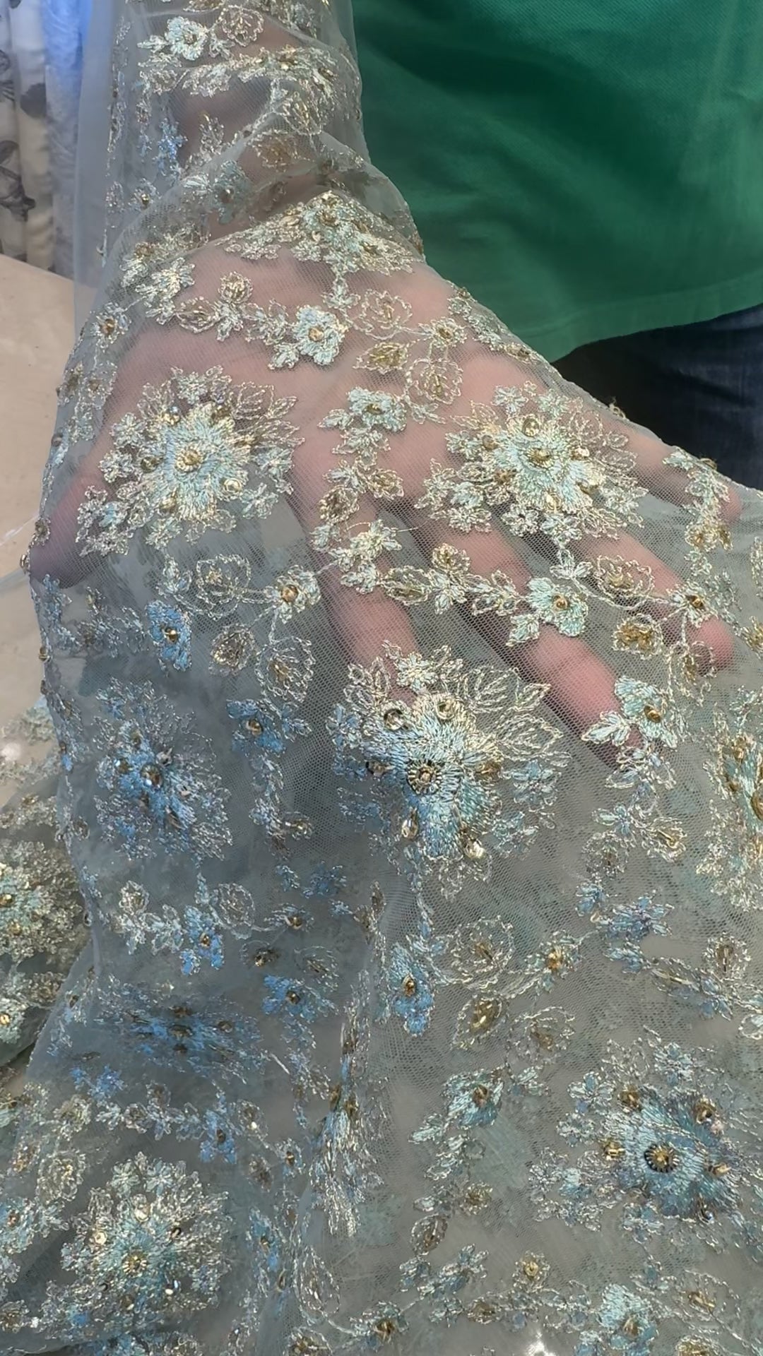 Fabareeze Steel Blue Applique Cutwork Hand Embellished