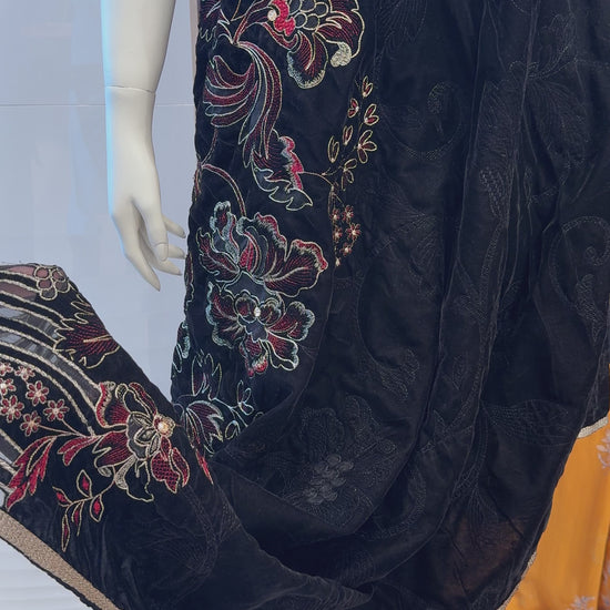 Black Applique Velvet Shawl — fabric video