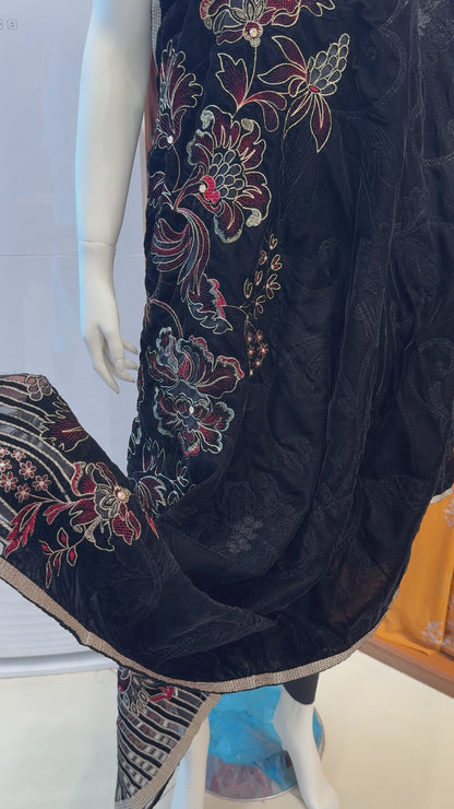 Black Applique Velvet Shawl — fabric video