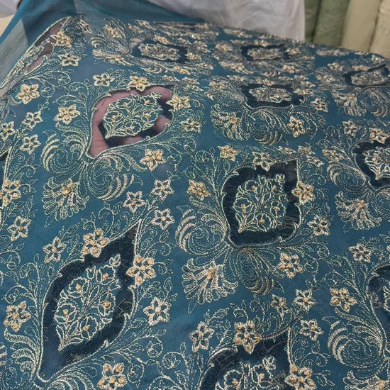 Fabareeze Teal Applique Cutwork Hand Embellished
