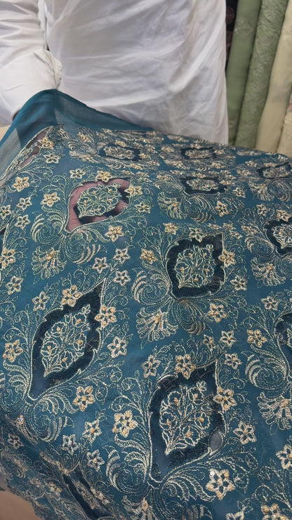 Fabareeze Teal Applique Cutwork Hand Embellished