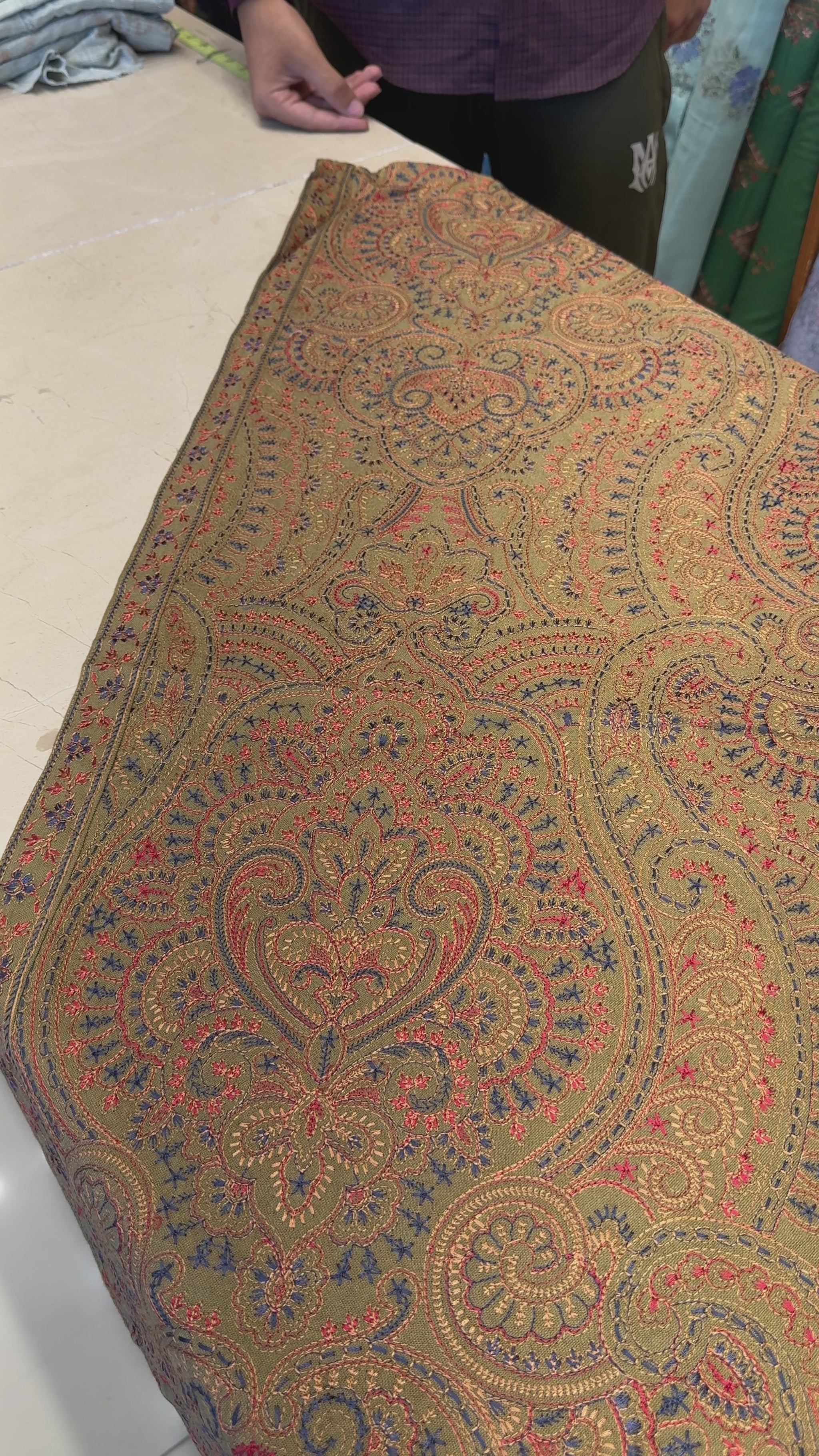 Olive Green Embroidered Shawl Set – fabric video