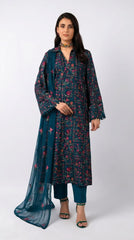 Teal blue embroidered lawn 3-piece - on model