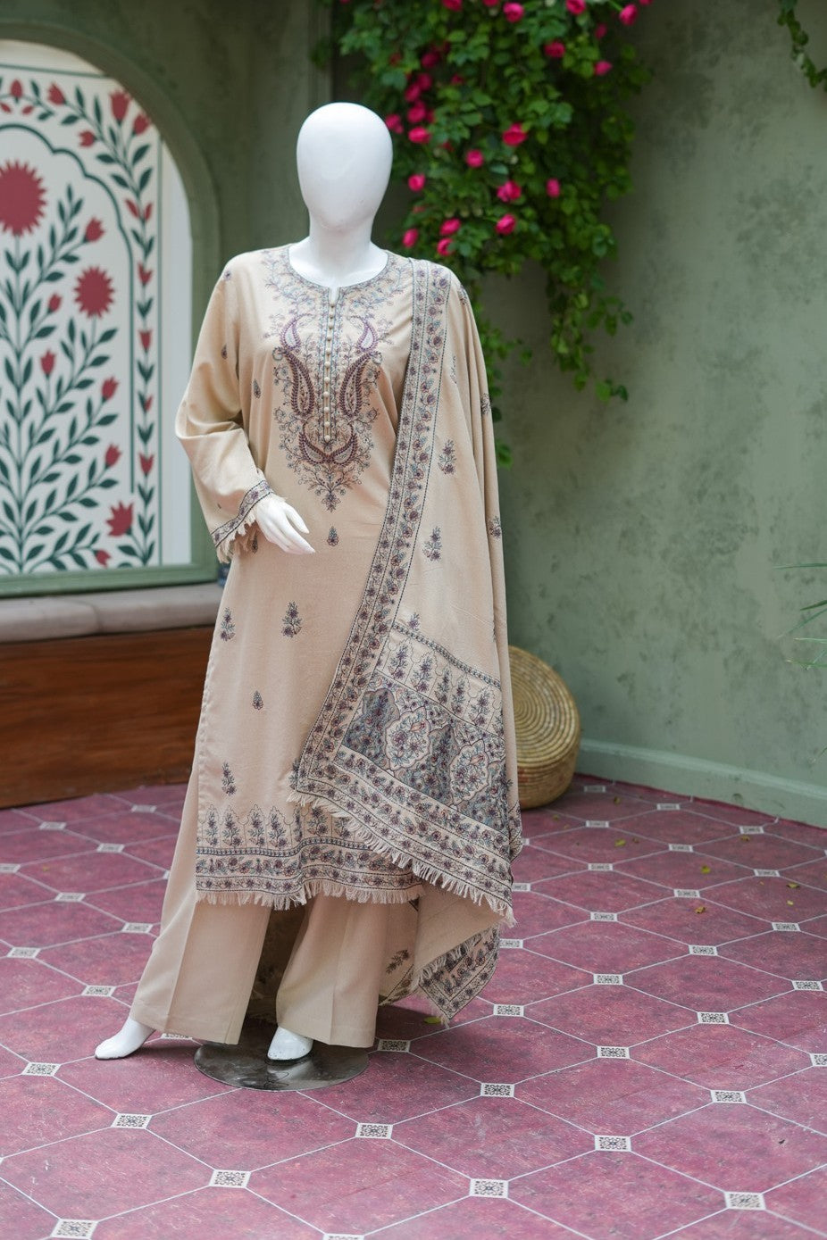 Beige embroidered karandi 3 piece shawl set