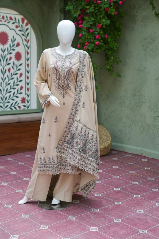 Beige embroidered karandi 3 piece shawl set