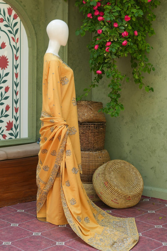 Yellow embroidered karandi 3 piece shawl set