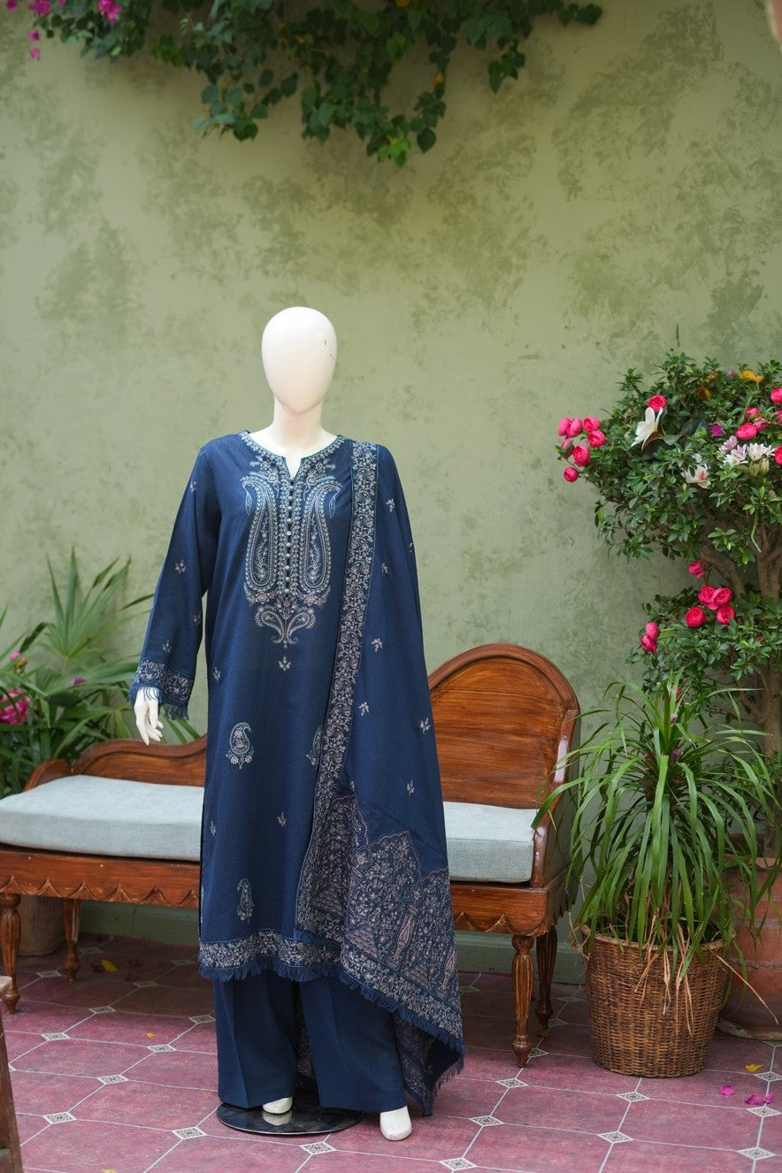 Navy blue embroidered karandi 3 piece shawl set