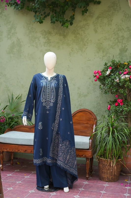 Navy blue embroidered karandi 3 piece shawl set