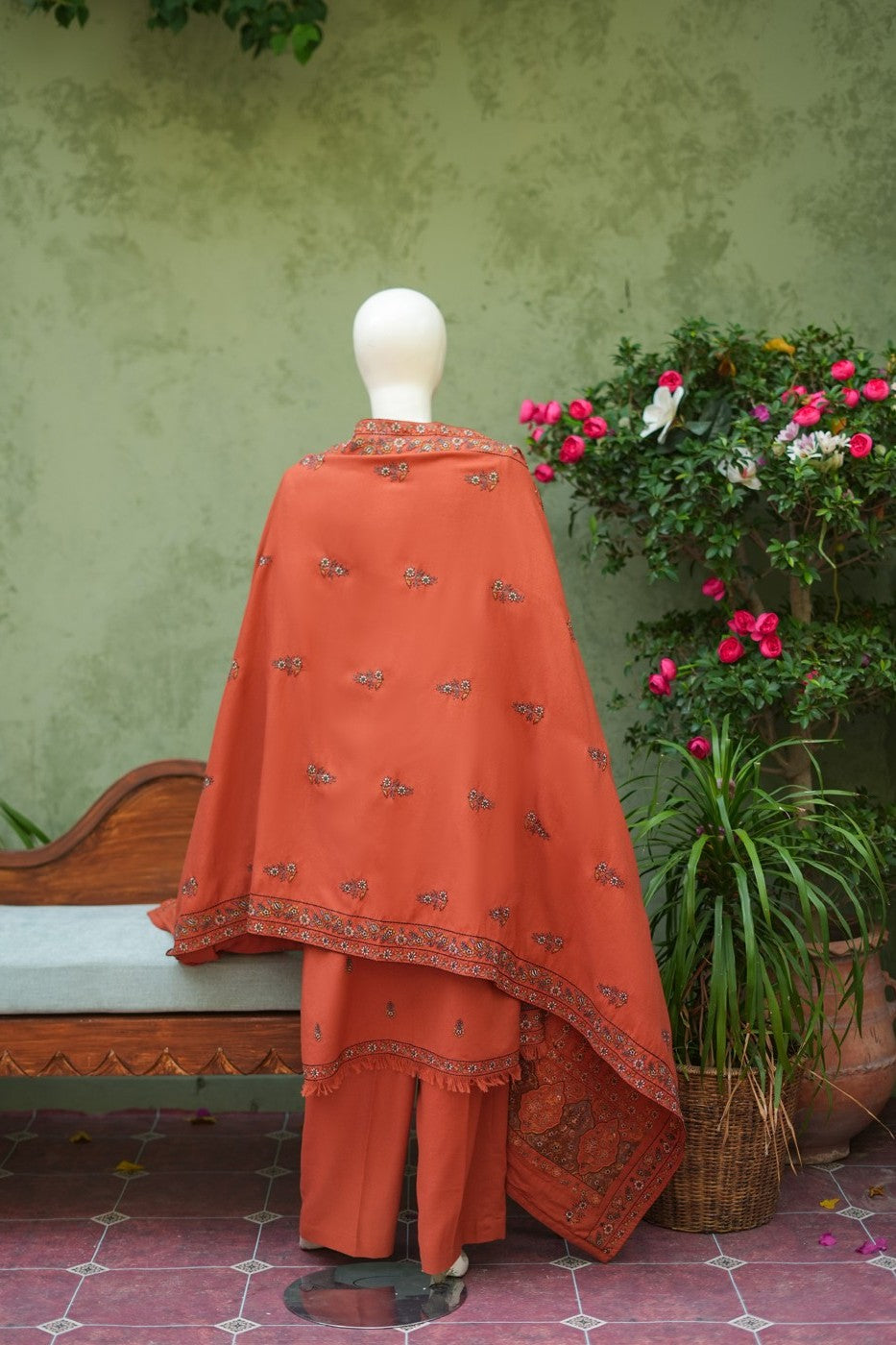 Rust embroidered karandi 3 piece shawl set