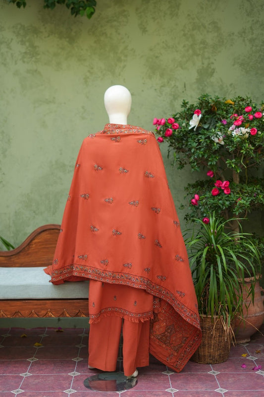 Rust embroidered karandi 3 piece shawl set