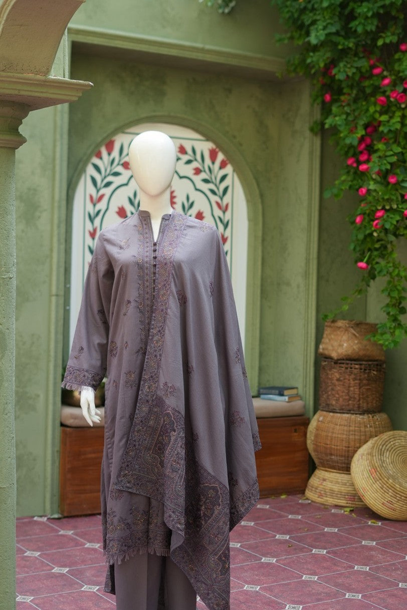 Grey embroidered karandi 3 piece shawl set