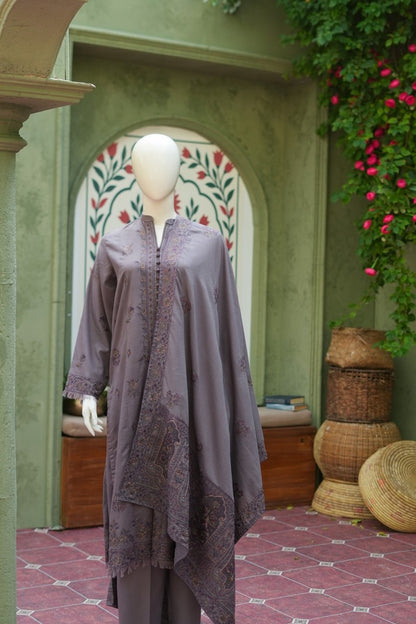 Grey embroidered karandi 3 piece shawl set