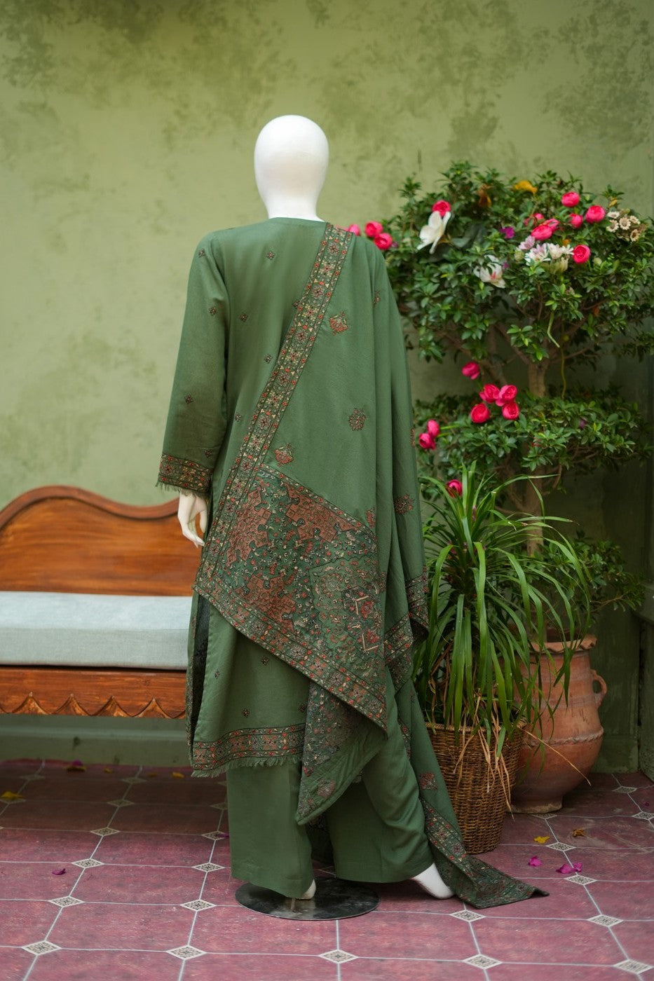 Olive green embroidered karandi 3 piece shawl set