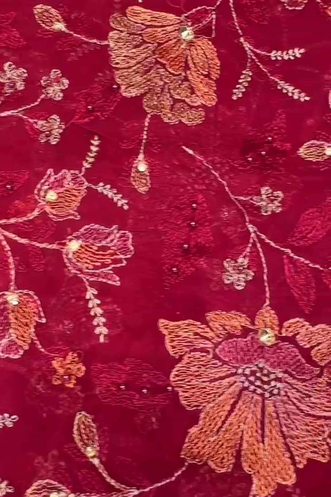 Red embroidered chiffon 2 piece — shirt and dupatta with stone and pearl handwork