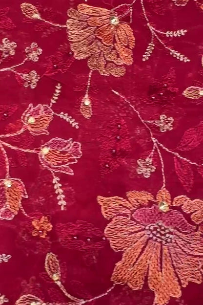 Red embroidered chiffon 2 piece — shirt and dupatta with stone and pearl handwork