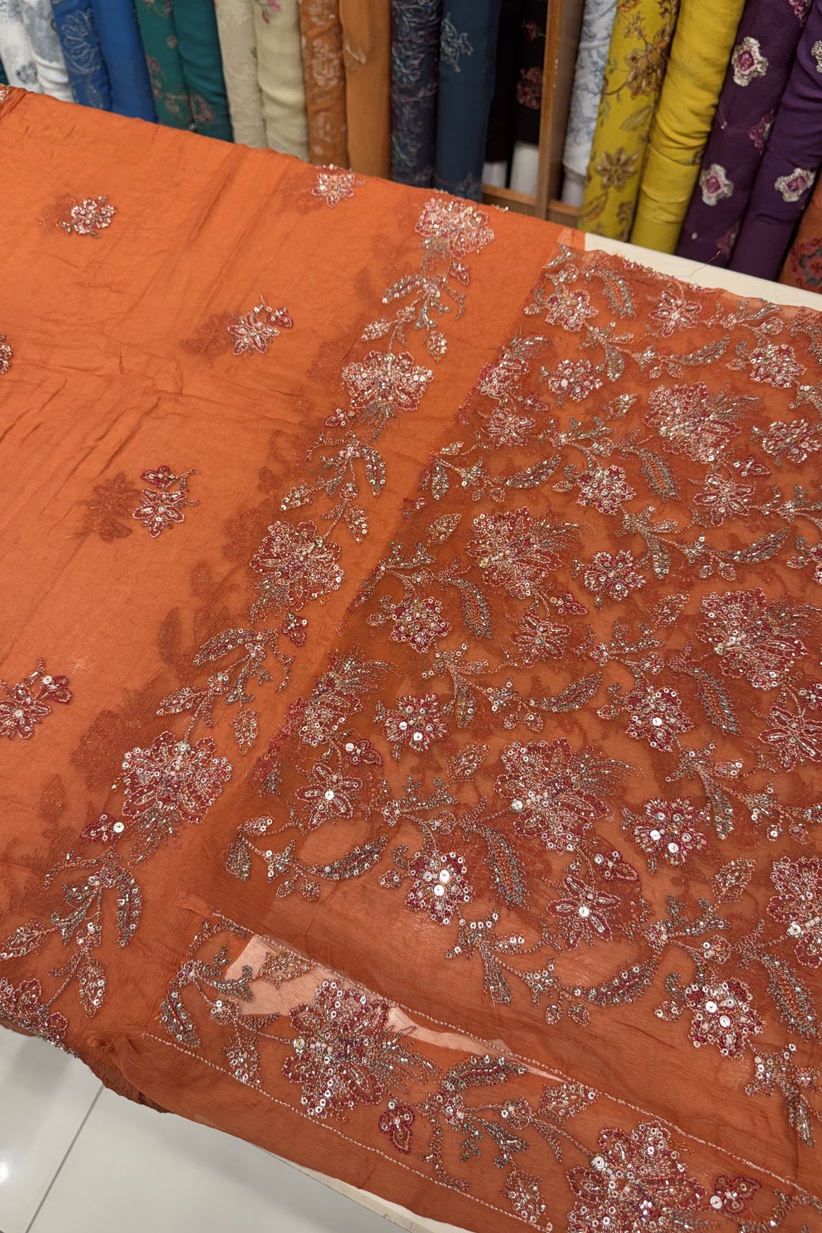 Rust Luxury Formal Chiffon - hand embellished fabric