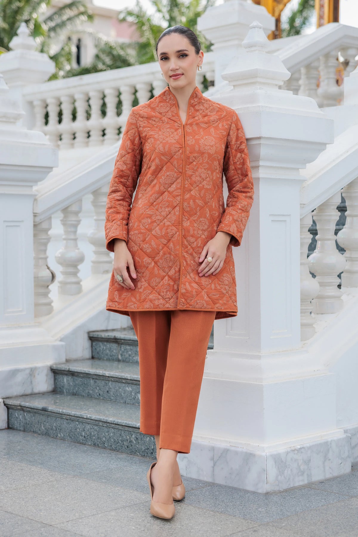 Rust embroidered karandi 3 piece unstitched suit