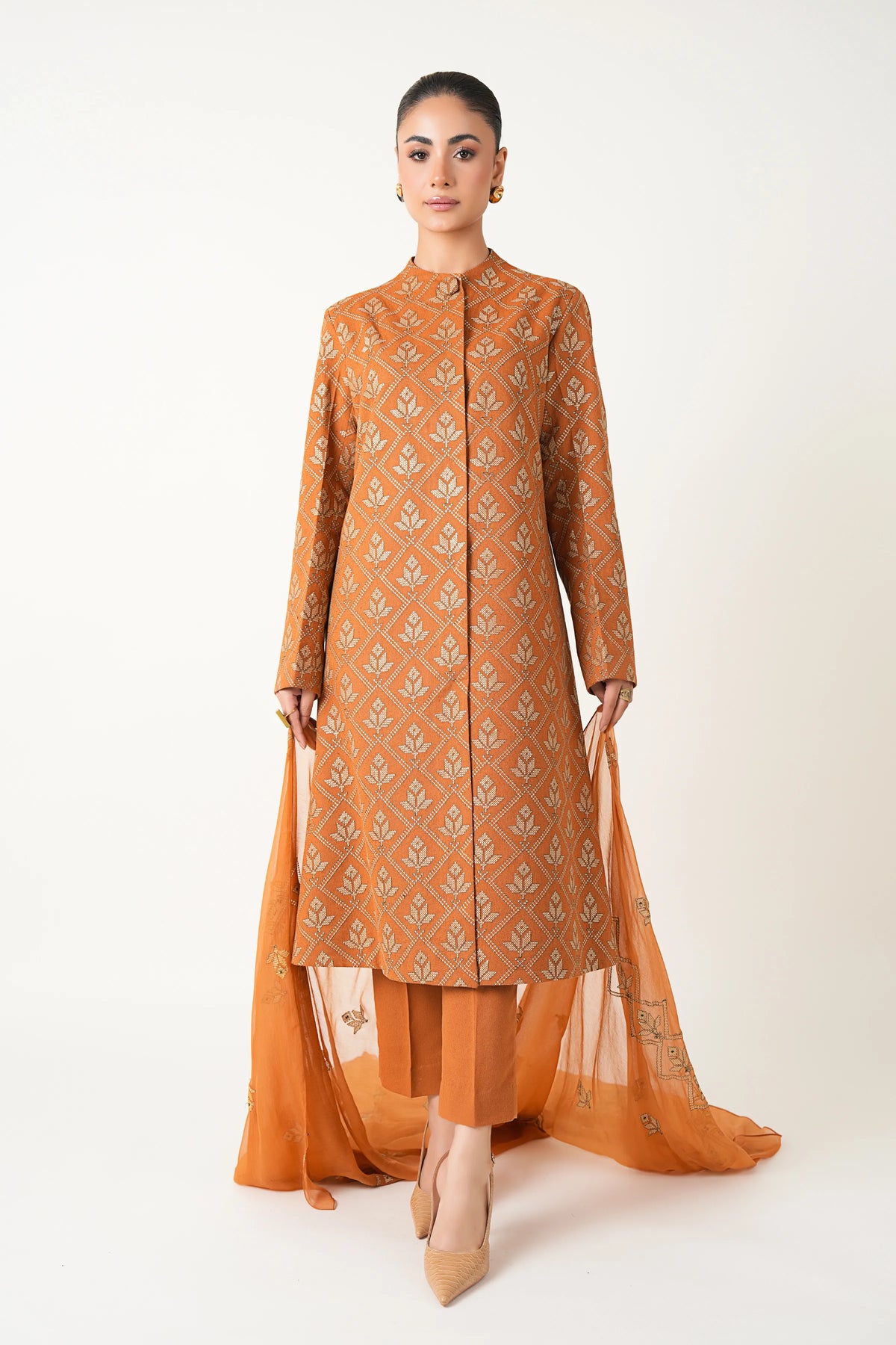Rust Embroidered Karandi - unstitched 3-piece suit