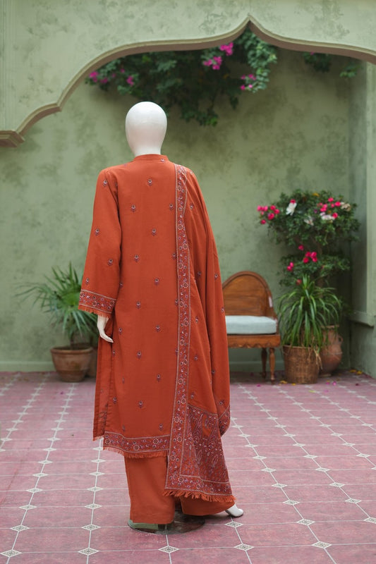 Rust Karandi Shawl Set - full 3-piece embroidered karandi shawl set