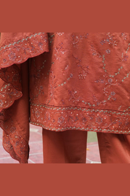 Rust Karandi Shawl Set - embroidery detail