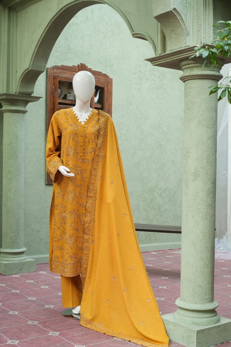 Mustard embroidered karandi 3 piece shawl set