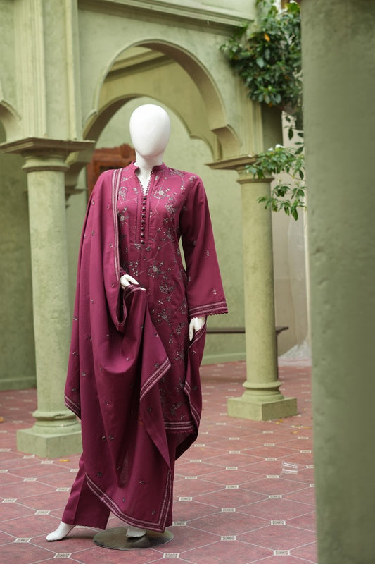 Maroon embroidered karandi 3 piece shawl set