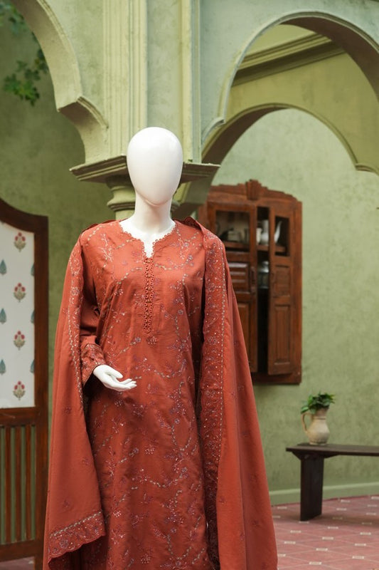 Rust embroidered karandi 3 piece shawl set
