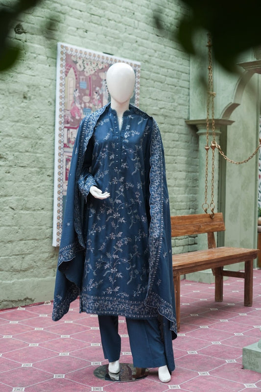Navy blue embroidered karandi 3 piece shawl set