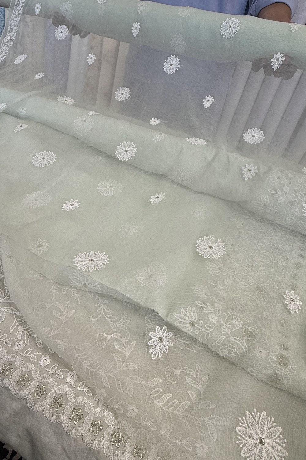 Fabareeze Sage Green Embroidered Lawn dupatta fabric