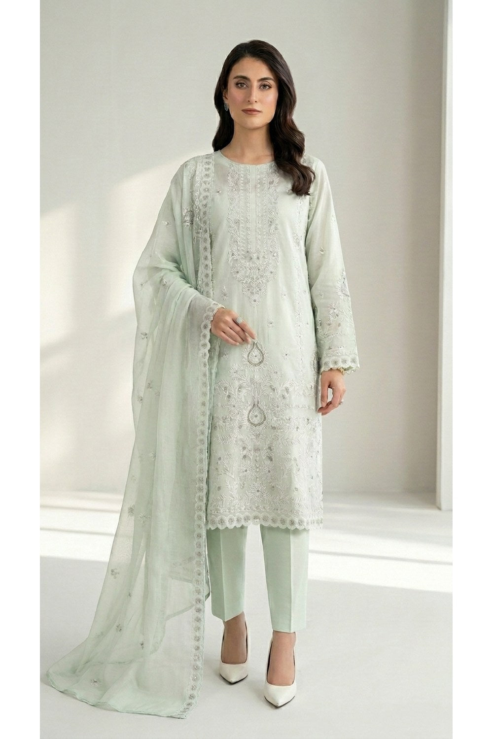Fabareeze Sage Green Embroidered Lawn