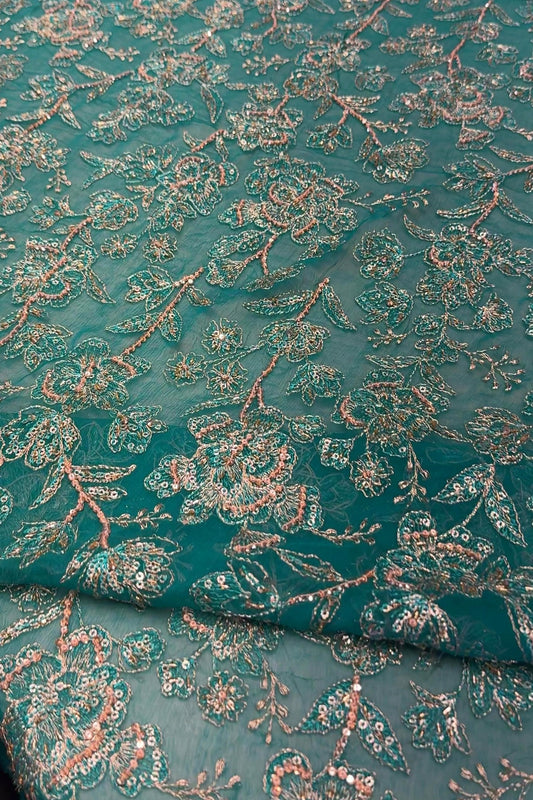 Sea green luxury formal chiffon — hand embellished fabric