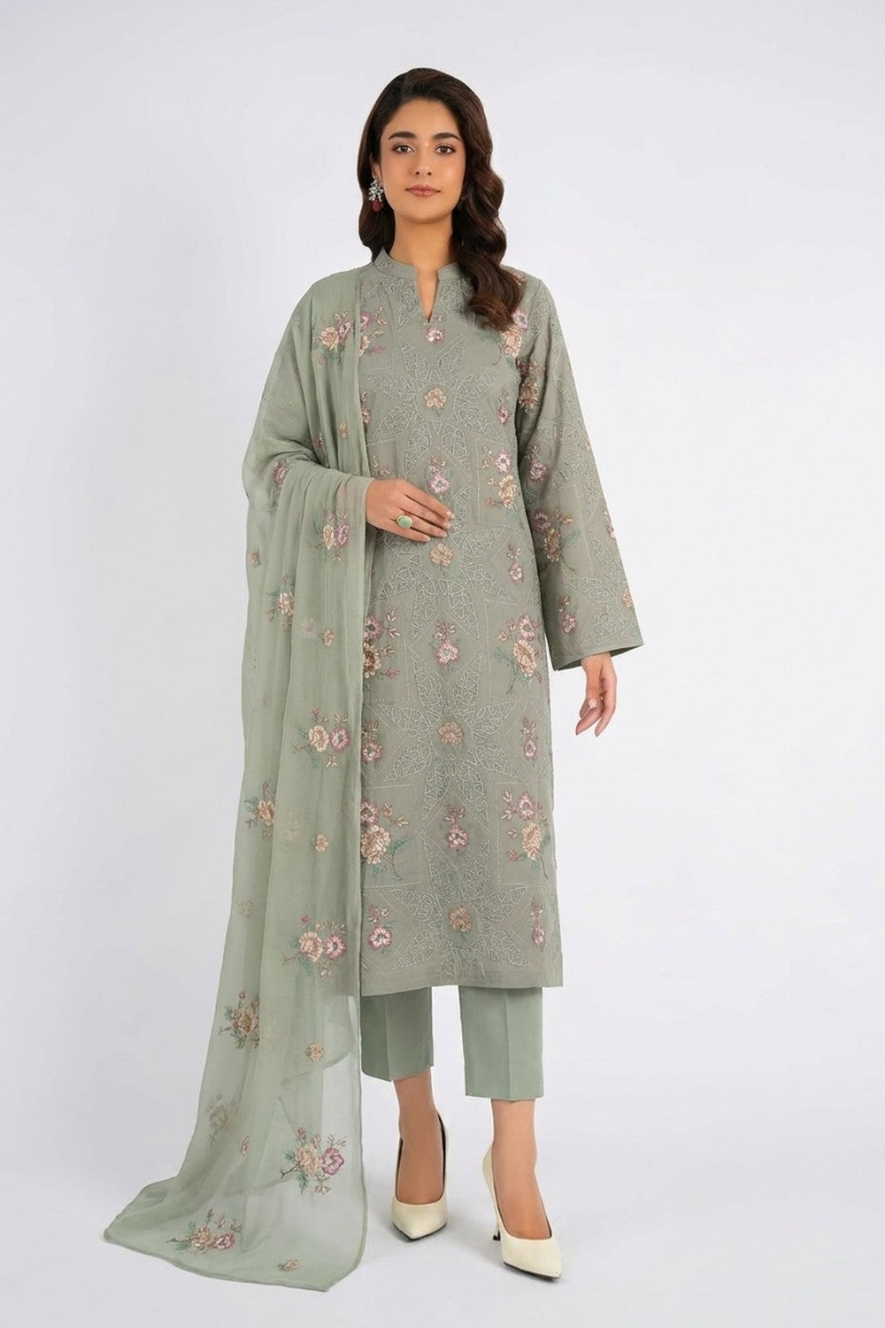 Fabareeze Sage Green Grey Embroidered Lawn