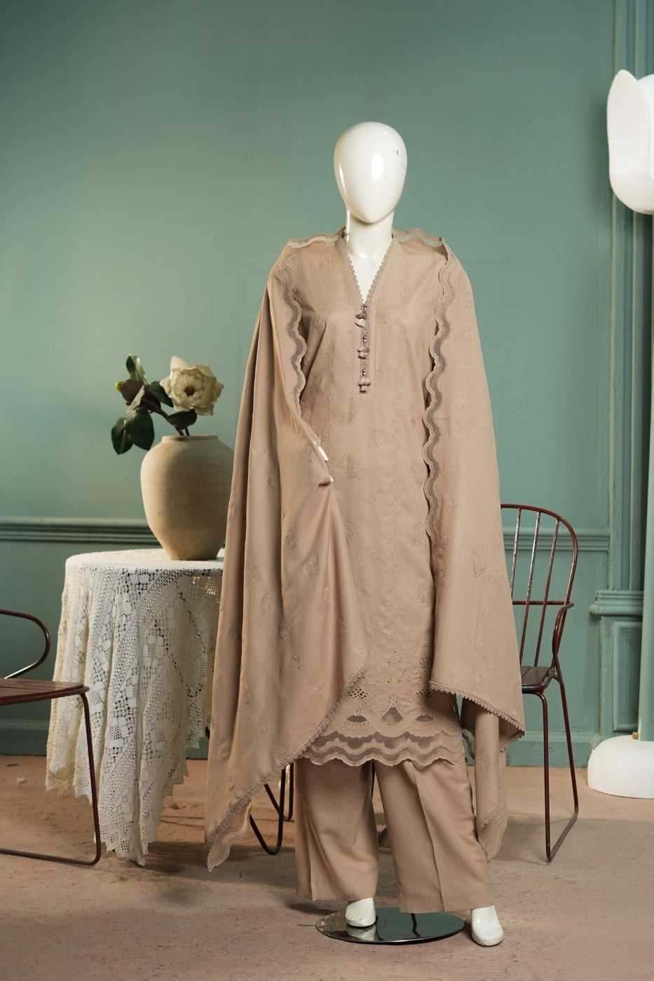 Beige embroidered karandi 3 piece shawl set