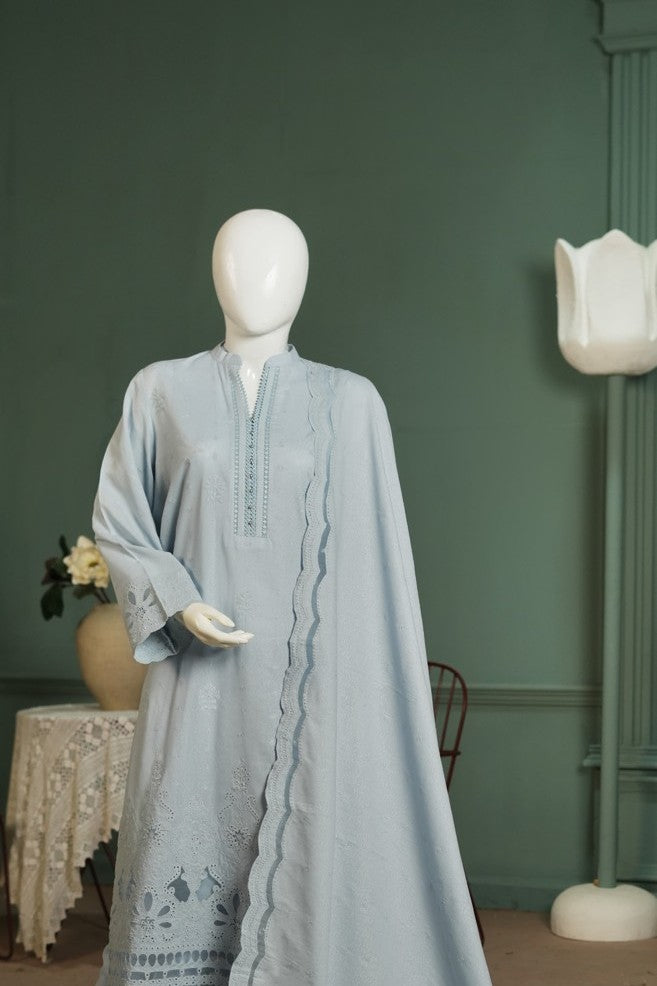 Ice blue embroidered karandi 3 piece shawl set