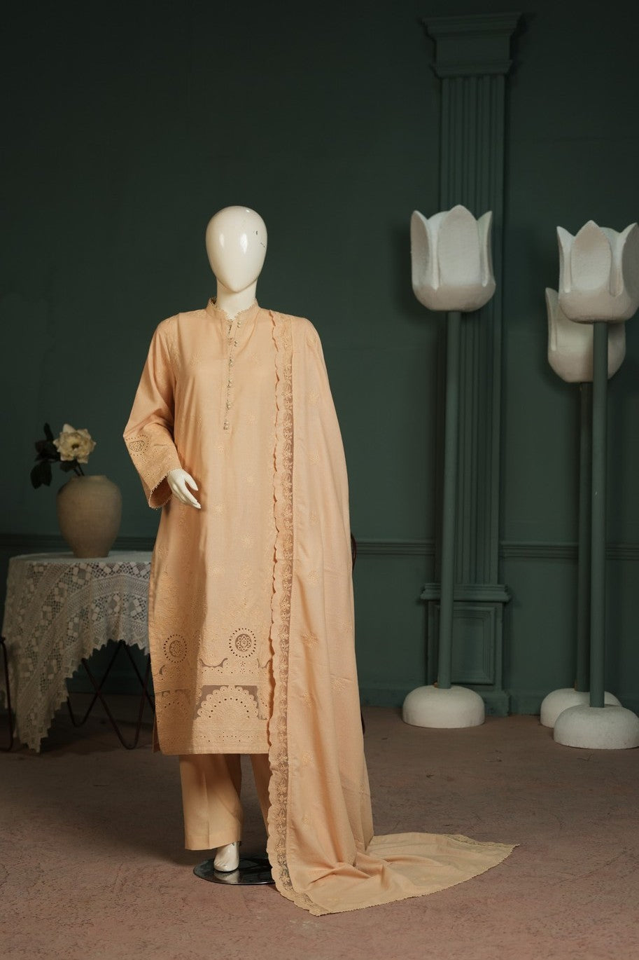Peach embroidered karandi 3 piece shawl set