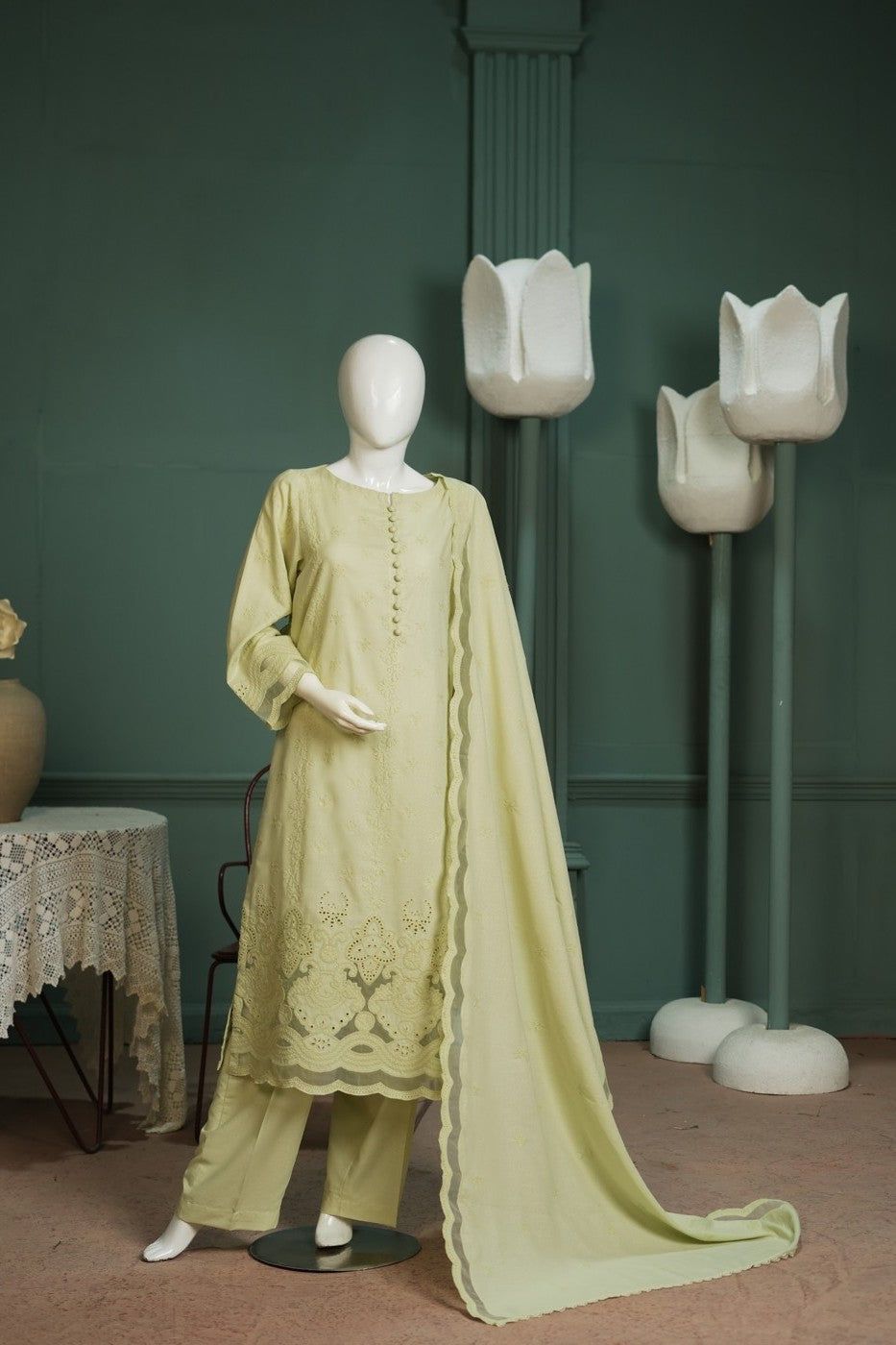 Pista green embroidered karandi 3 piece shawl set