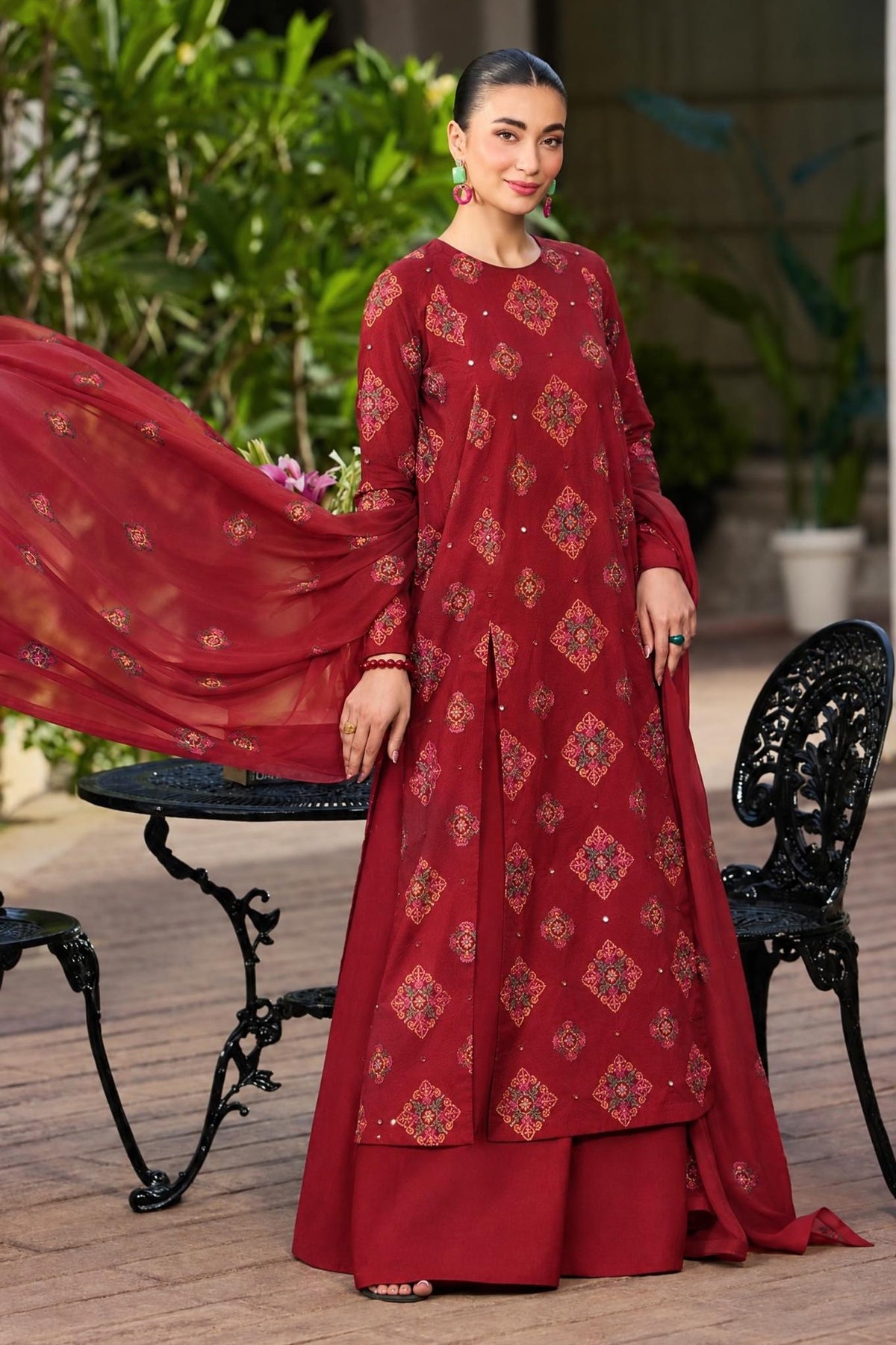 Red Shishakari Embroidered - unstitched 3-piece suit