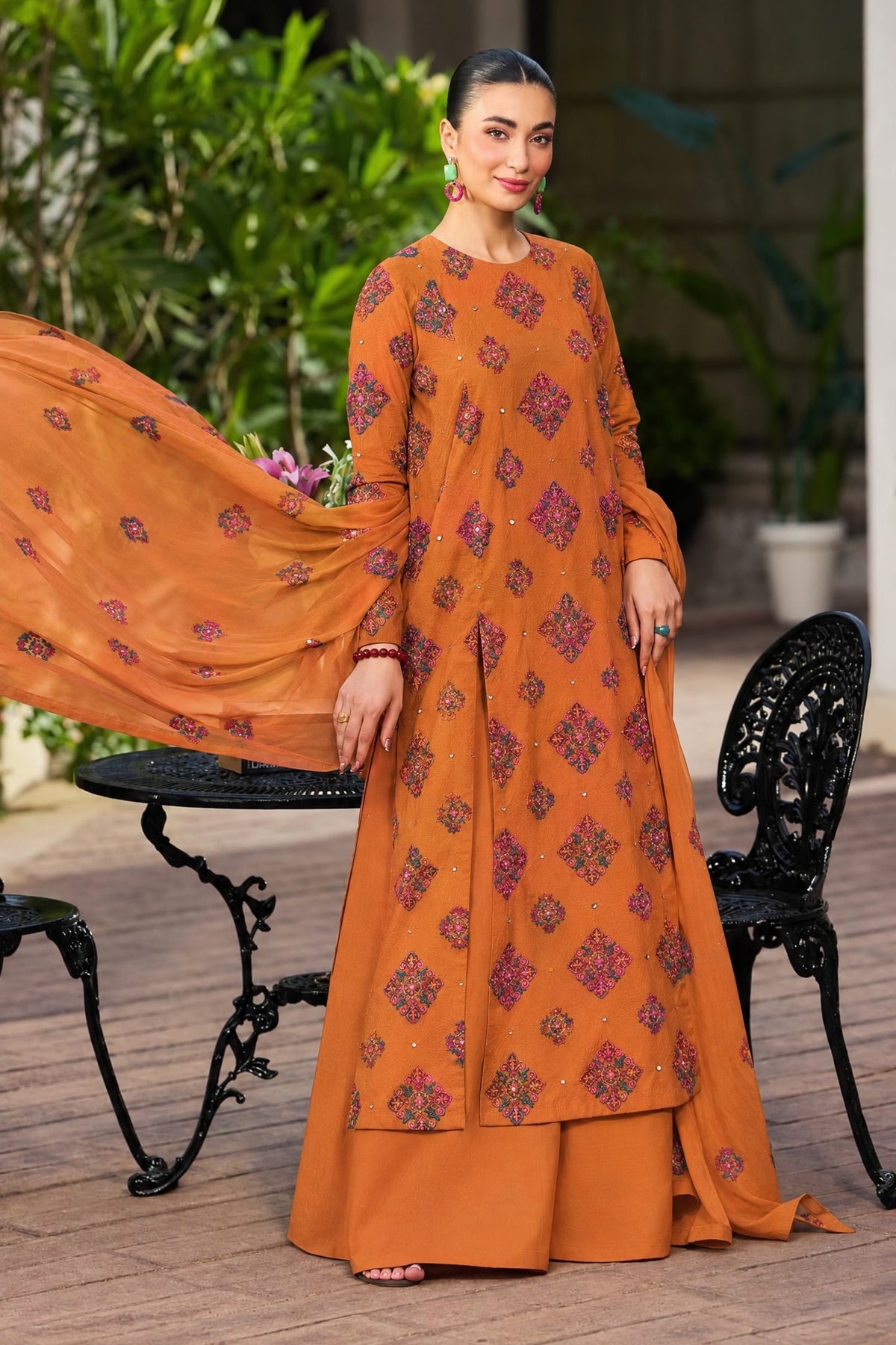 Rust Shishakari Embroidered - unstitched 3-piece suit