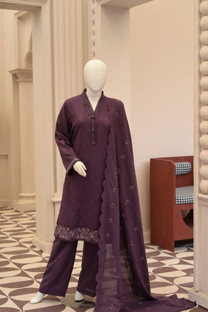 Purple Karandi Shawl Set - unstitched 3-piece with ready-to-carry shawl