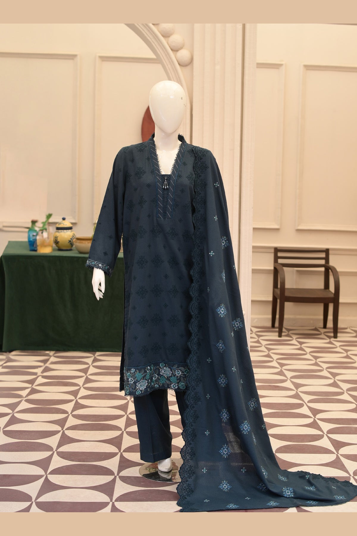 Navy Blue Karandi Shawl Set - unstitched 3-piece with ready-to-carry shawl