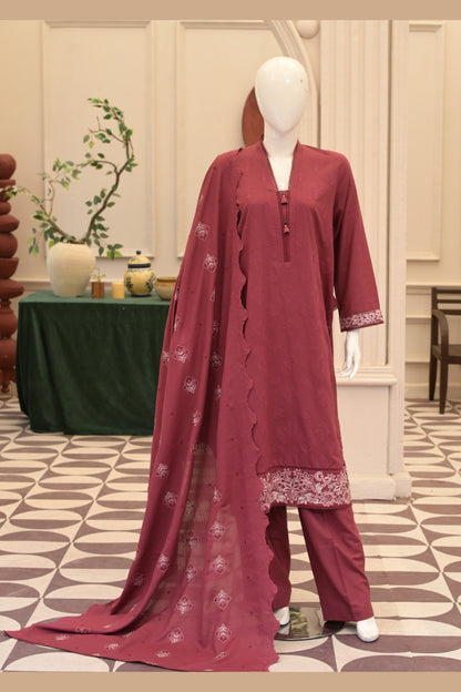 Maroon Karandi Shawl Set - unstitched 3-piece with ready-to-carry shawl