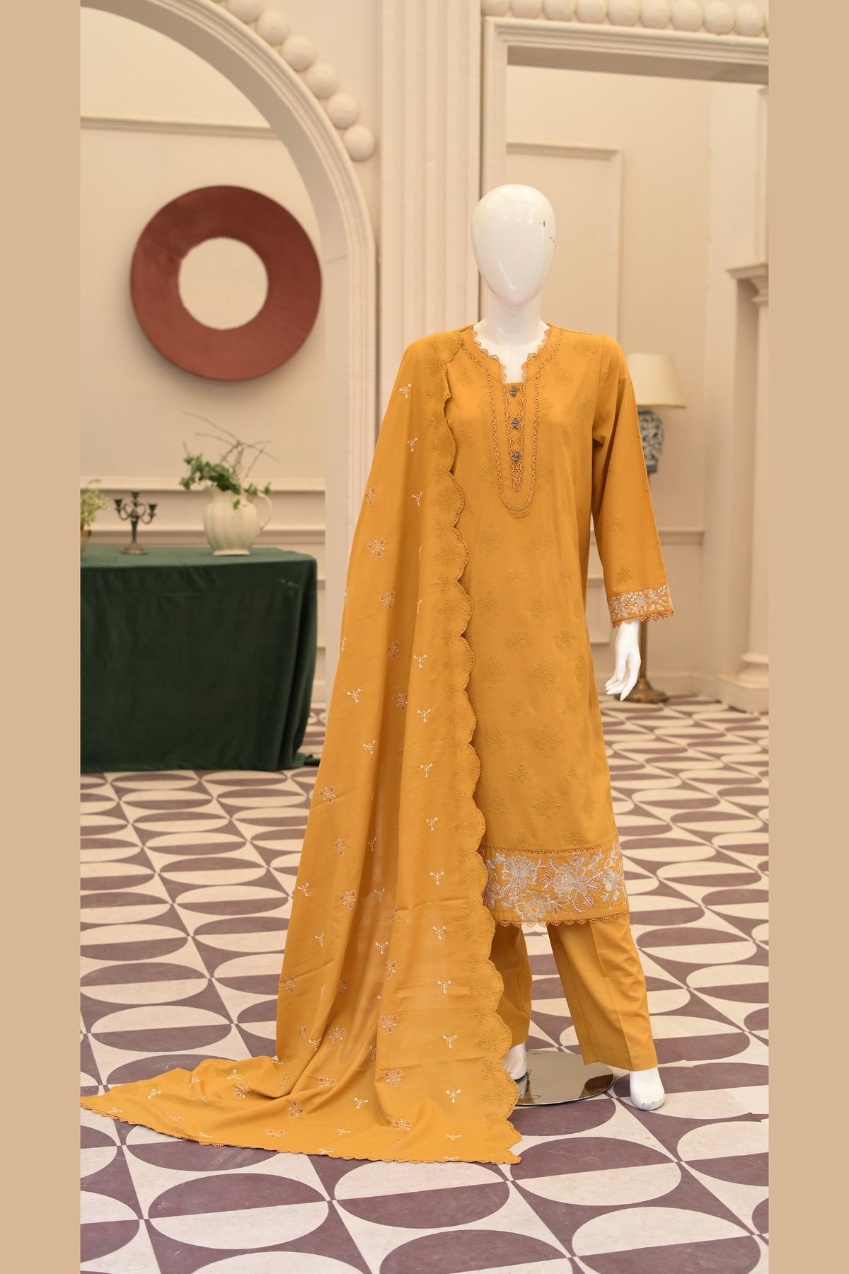 Mustard Karandi Shawl Set - unstitched 3-piece with ready-to-carry shawl