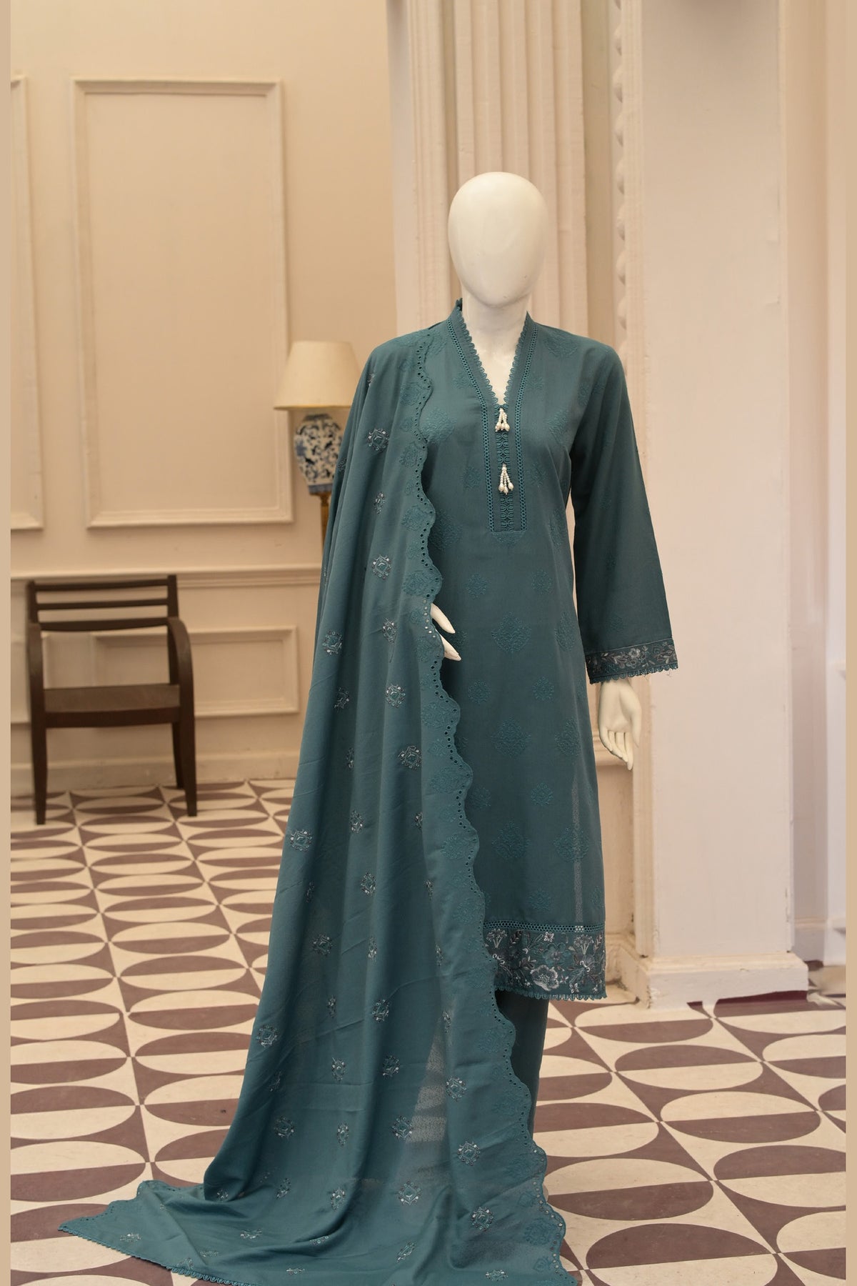 Teal Karandi Shawl Set - unstitched 3-piece with ready-to-carry shawl