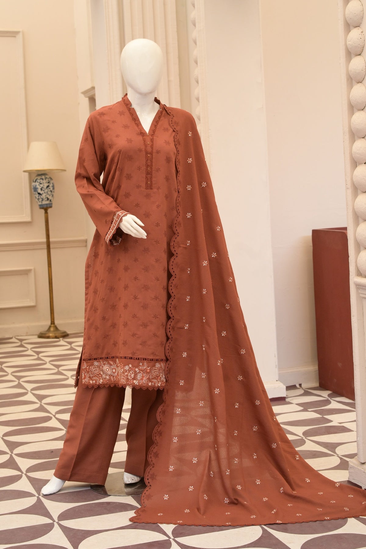 Rust Karandi Shawl Set - unstitched 3-piece with ready-to-carry shawl