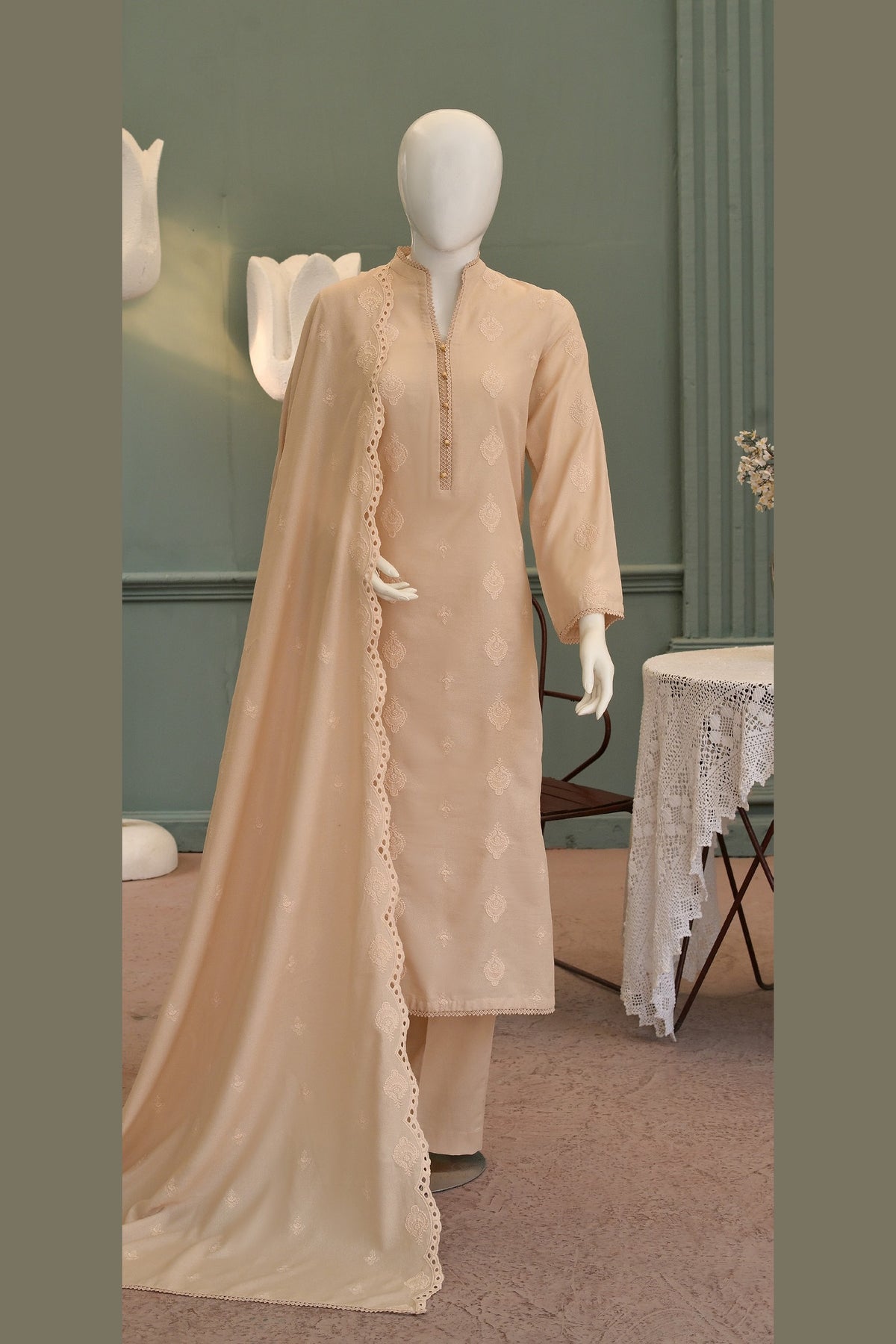 Peach Karandi Shawl Set - unstitched 3-piece with ready-to-carry shawl
